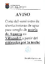 Aviso. Corte de agua en Villacedré